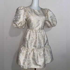 Babydoll Dress Puff Sleeve Tiered Ruffles Vintage Style Brocade Empire Waist Med